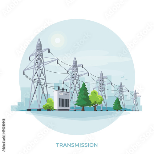 High voltage electricity distribution grid pylons. Flat vector illustration of utility electric transmission transformer network providing energy supply. Electrical power lines in circle background.
