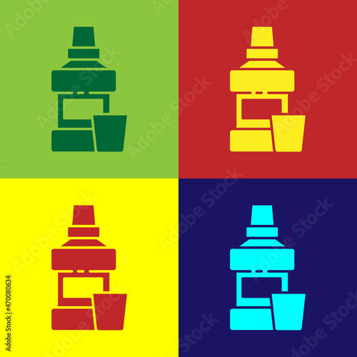 Pop art Mouthwash plastic bottle and glass icon isolated on color background. Liquid for rinsing mouth. Oralcare equipment. Vector