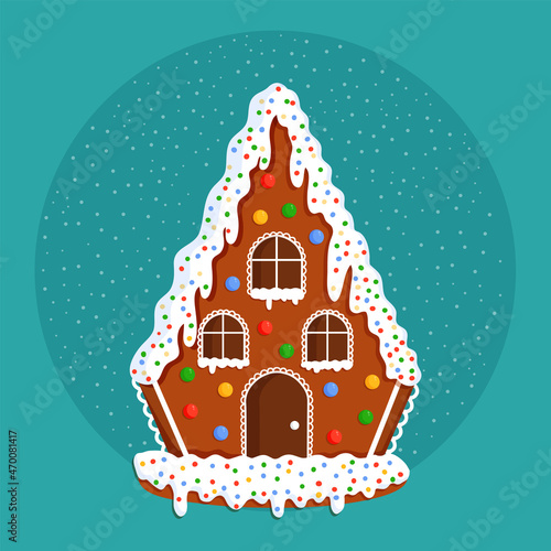 Illustration of Christmas gingerbread house with sweets on a background of the starry sky for a postcard, banner, poster and website.