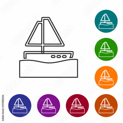 Black line Yacht sailboat or sailing ship icon isolated on white background. Sail boat marine cruise travel. Set icons in color circle buttons. Vector
