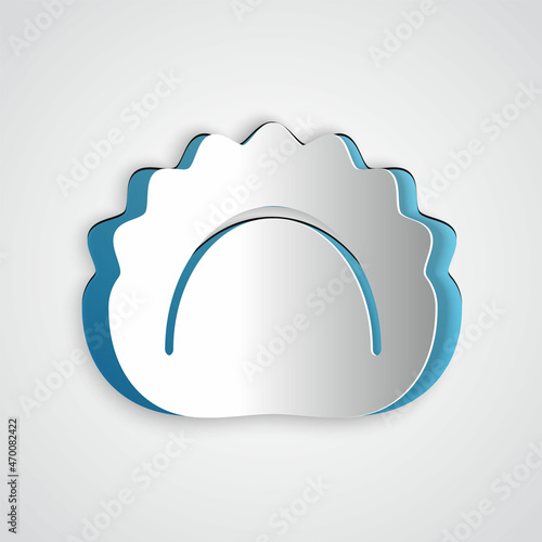 Paper cut Dumplings icon isolated on grey background. Pierogi, varenyky, pelmeni, ravioli. Traditional Ukrainian food. Paper art style. Vector