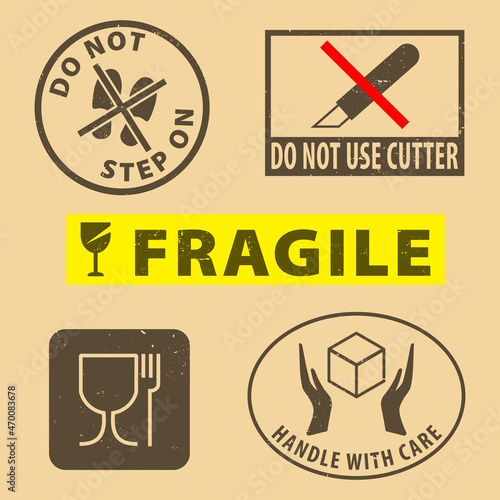 Set of fragile sticker handle with care and case icon packaging symbols sign, do not use cutter, do not steo on rubber stamp on cardboard background, vector illustration. Use on package.