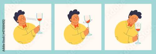 Set of vector cute illustrations for wine tasting. Cute man is exploring the wine for taste, drink, swirl, aroma. Isolated objects for design and graphics.