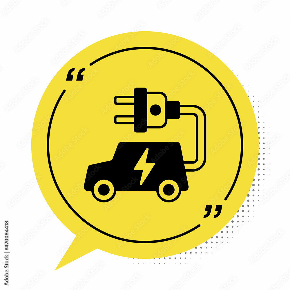 Black Electric car and electrical cable plug charging icon isolated on white background. Renewable eco technologies. Yellow speech bubble symbol. Vector Black Electric car and electrical cable plug charging icon isolated on white background. Renewable eco technologies. Yellow speech bubble symbol. Vector