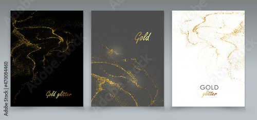 Abstract Gold design element with glitter effect on dark background for greeting card and disqount voucher.