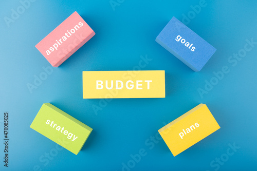 Budget planning concept. Text budget, plan, goals, aspirations written on colored rectangles against blue background