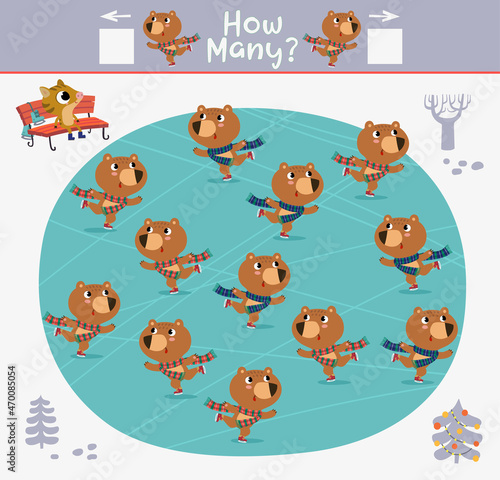 Cartoon Vector Illustration of Education Counting Game for Preschool Children. How many bearsare skating on the ice rink 