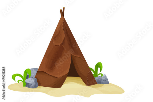 Prehistoric primitive ancient hut from animal skin with grass and stones in cartoon style isolated on white background. Stone age culture building. Barbarian tent.