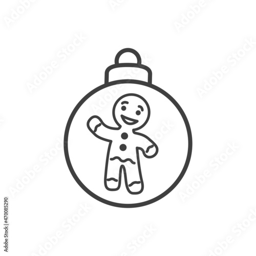 Decoración para árbol de navidad. Icono silueta de bola de navidad con hombre de pan de jengibre con líneas en color gris