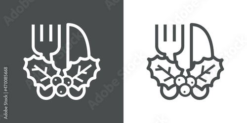 Logotipo con tenedor y cuchillo y hojas de acebo con bayas con líneas en fondo gris y fondo blanco para su uso en invitaciones y tarjetas de felicitación