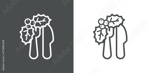Logotipo con tenedor y cuchillo y hojas de acebo con bayas con líneas en fondo gris y fondo blanco para su uso en invitaciones y tarjetas de felicitación