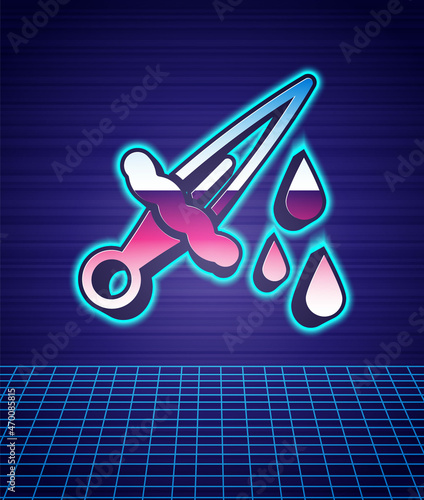 Retro style Sword with blood icon isolated futuristic landscape background. Medieval weapons knight and soldier. Symbol of murder. 80s fashion party. Vector