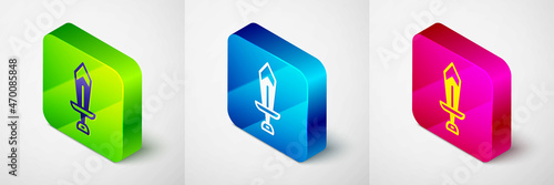 Isometric Sword for game icon isolated on grey background. Square button. Vector