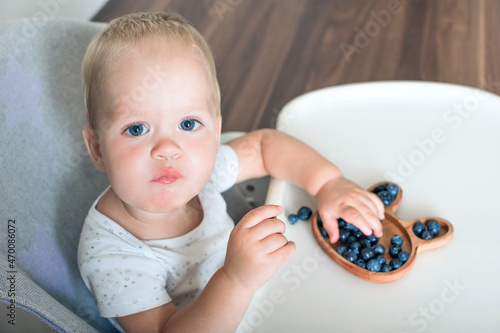 Blonde toddler boy eating Yummy blueberries with wooden plates on highchair close-up and copy space...