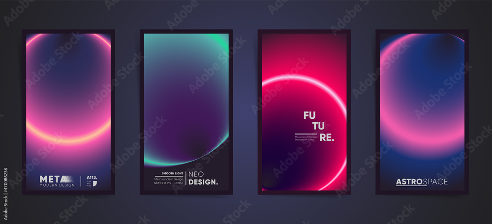 Abstract neon vertical stories, gradient cover template design set for poster, social media post and stories banners. Cyberpunk circular gradient hi tech post. Vector aesthetic space black set.	 - obrazy, fototapety, plakaty 