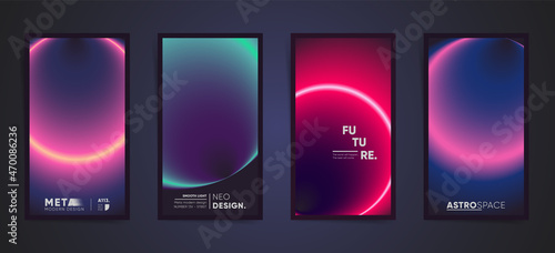 Abstract neon vertical stories, gradient cover template design set for poster, social media post and stories banners. Cyberpunk circular gradient hi tech post. Vector aesthetic space black set.	