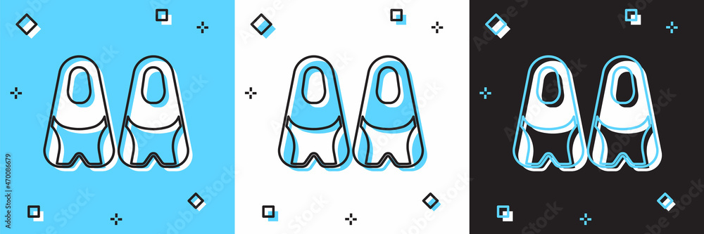 Set Rubber flippers for swimming icon isolated on blue and white, black background. Diving equipment. Extreme sport. Diving underwater equipment. Vector Set Rubber flippers for swimming icon isolated on blue and white, black background. Diving equipment. Extreme sport. Diving underwater equipment. Vector