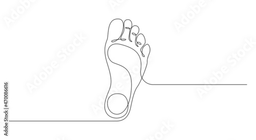 One continuous line drawing of bare foot. Elegance female leg in simple linear style. Concept of Wellness healthy massage and soft heel skin. Editable stroke. Doodle vector illustration