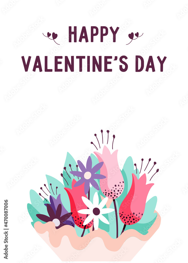 Happy Valentine's day. Greeting card for February 14 with a beautiful bouquet of flowers. Vector hand drawn illustration Happy Valentine's day. Greeting card for February 14 with a beautiful bouquet of flowers. Vector hand drawn illustration
