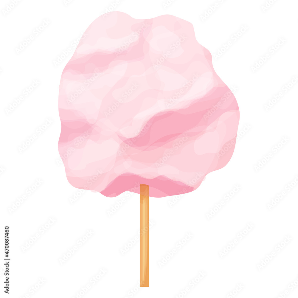 Sweet pink cotton candy sugar cloud on stick in cartoon style isolated on white background. Fluffy dessert, holiday symbol. Sweet pink cotton candy sugar cloud on stick in cartoon style isolated on white background. Fluffy dessert, holiday symbol.