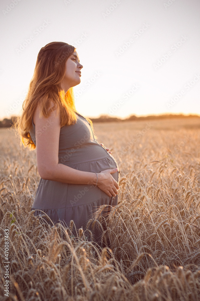 beautiful young pregnant woman walks in ripe wheat field at sunset, expectant mother with red hair relax in nature stroking her belly with her hand beautiful young pregnant woman walks in ripe wheat field at sunset, expectant mother with red hair relax in nature stroking her belly with her hand