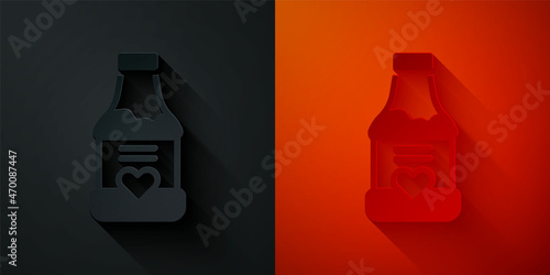 Paper cut Vitamin complex of pill capsule icon isolated on black and red background. Healthy lifestyle. Paper art style. Vector