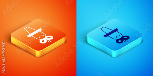 Isometric Traditional korean hat icon isolated on orange and blue background. Vector