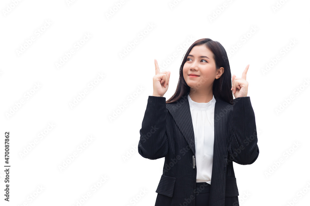 Beautiful Thai Asian woman in suit is pointing with both fingers and looking up. with white background Beautiful Thai Asian woman in suit is pointing with both fingers and looking up. with white background