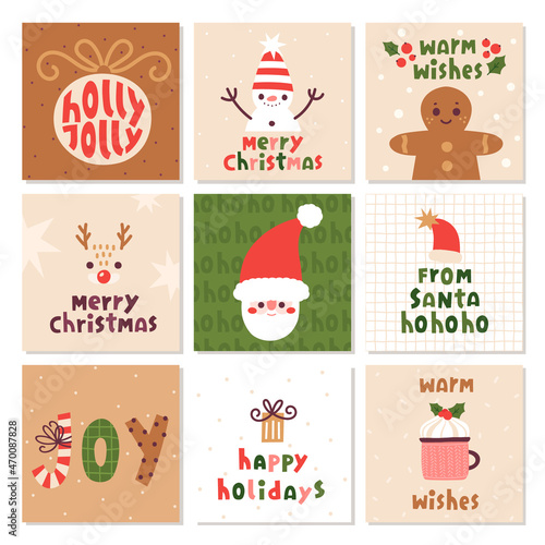 Vector set with Christmas card templates. Winter holiday cards with cute characters - gingerbread man, deer, snowman, Santa. Flat vector illustration.