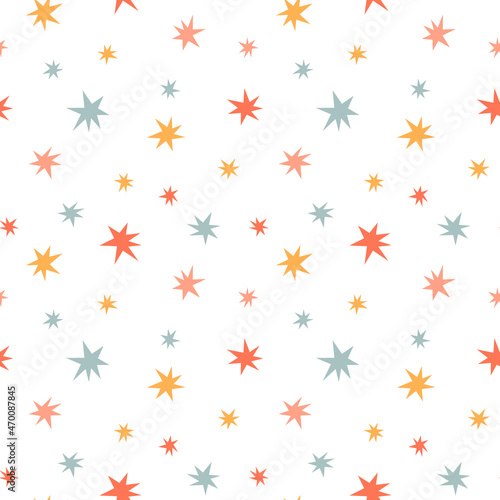 Vector seamless pattern with color confetti stars. Cute repeating background with doodle stars. Flat illustration.