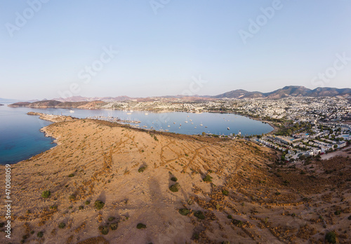 Beautiful panorama at dawn on the bay of the city of Gumbet near Bodrum Turkey.