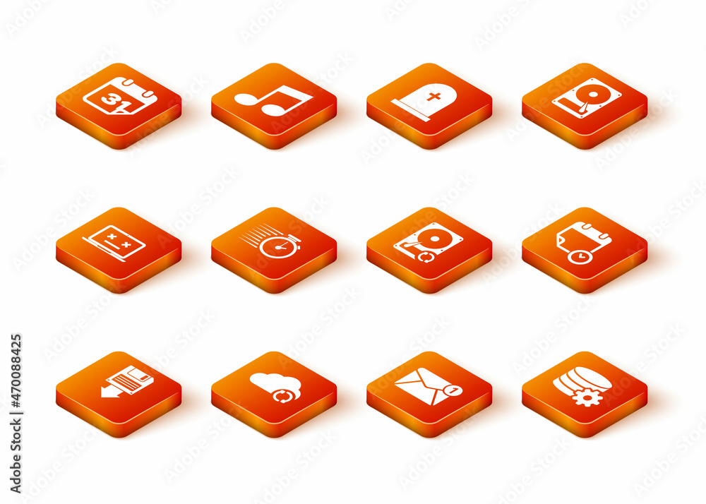 Set Floppy disk backup, Cloud sync refresh, Dead laptop, Stopwatch, New, email incoming message and Hard drive HDD icon. Vector Set Floppy disk backup, Cloud sync refresh, Dead laptop, Stopwatch, New, email incoming message and Hard drive HDD icon. Vector