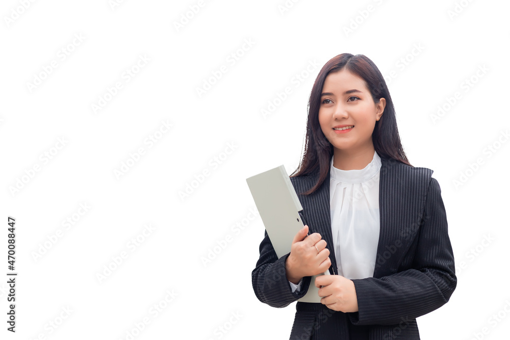 Beautiful Asian Thai woman wearing a black suit, she is smiling and standing holding a folder against a white background. Beautiful Asian Thai woman wearing a black suit, she is smiling and standing holding a folder against a white background.