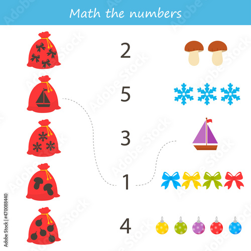A game for children. Help Santa Claus collect gifts into the bag. Christmas theme. Learning to count. Vector illustration