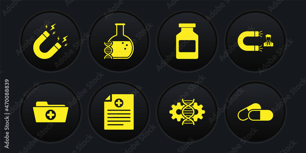 Set Health record folder, Customer attracting, Clinical, Gene editing, Medicine bottle and DNA research, search icon. Vector Set Health record folder, Customer attracting, Clinical, Gene editing, Medicine bottle and DNA research, search icon. Vector