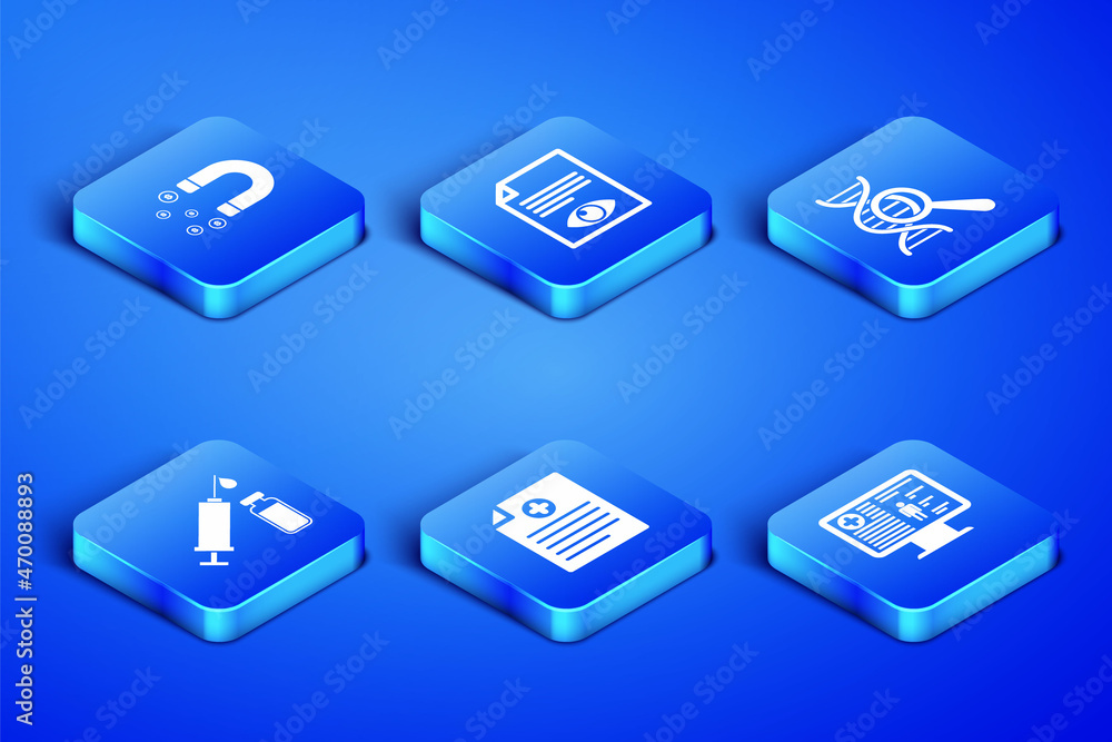 Set Clinical record on monitor, Magnet with money, , Medical syringe and vial, Paper page eye and DNA research, search icon. Vector