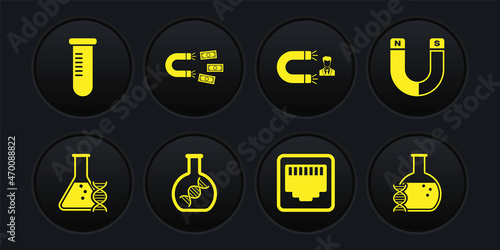 Set DNA research, search, Magnet, , Network port cable socket, Customer attracting and with money icon. Vector