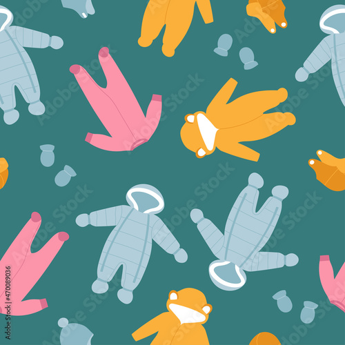 Seamless pattern of baby winter clothes. Colorful snow suit, jumpsuit, hats and mittens on blue background. Doodle style. Vector illustration