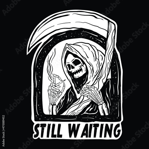 hand drawn skull with the words still waiting,illustration vectot for design tshirt,posters, backgrounds, logos, etc