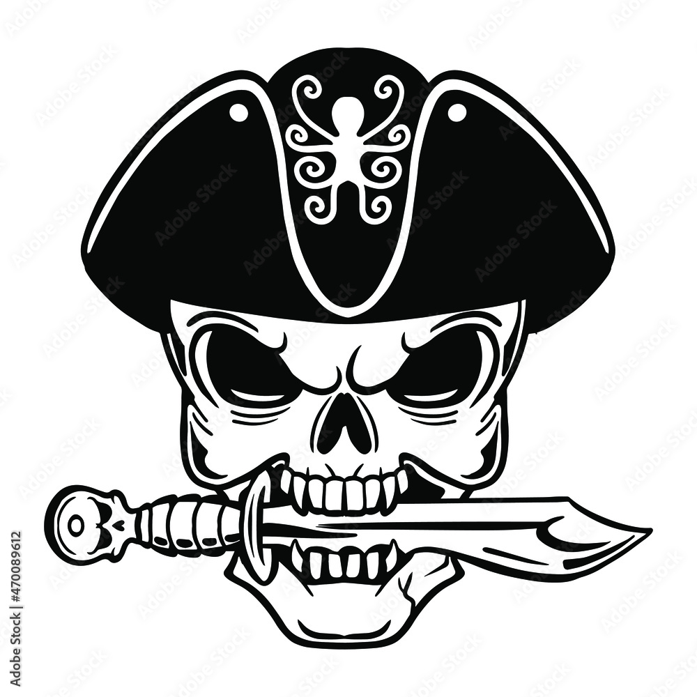 Skull pirate with a saber in his teeth concepts with skulls. Vector