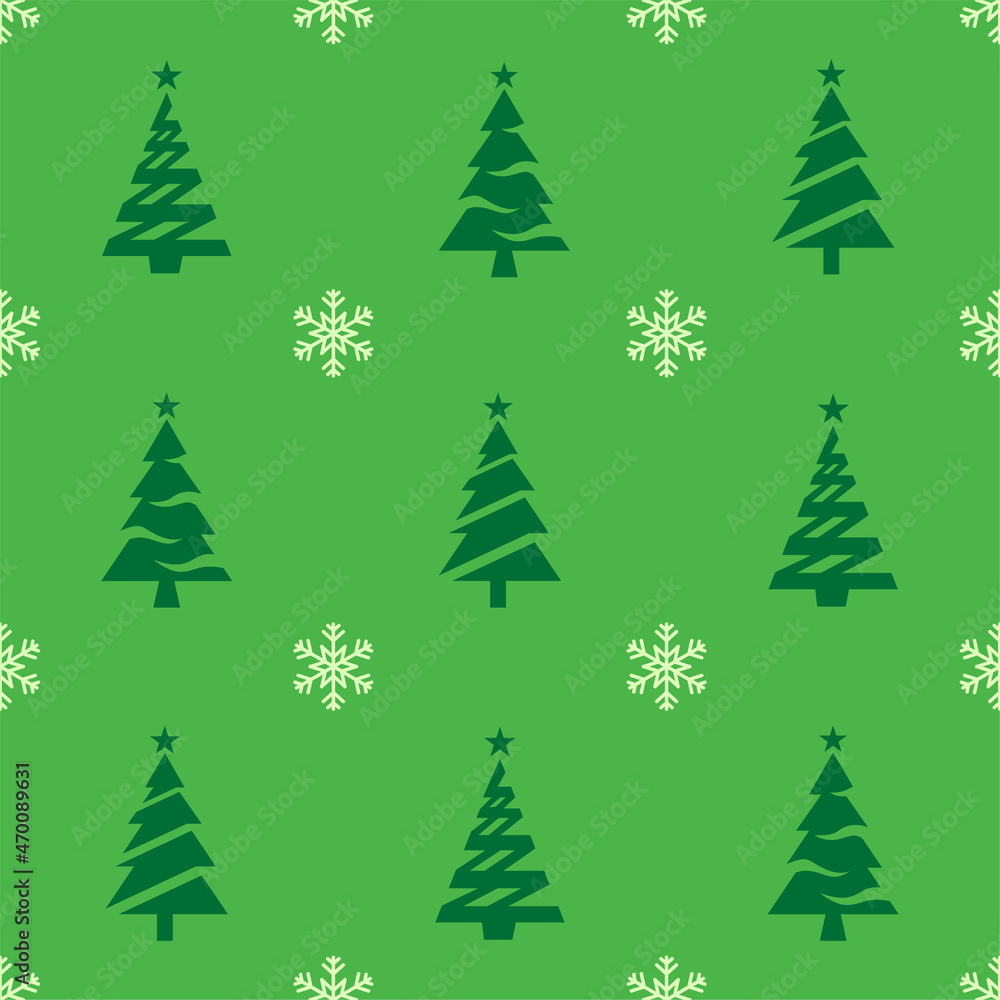 Christmas seamless pattern. Dark green colored christmas tree icons and white snowflakes on green background. Christmas texture