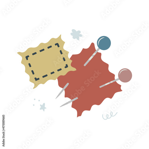 Hand drawn sewing pins and scraps of fabric isolated on a white background. Doodle, illustration in a simple flat style. It can be used for decoration of textile, paper and other surfaces.