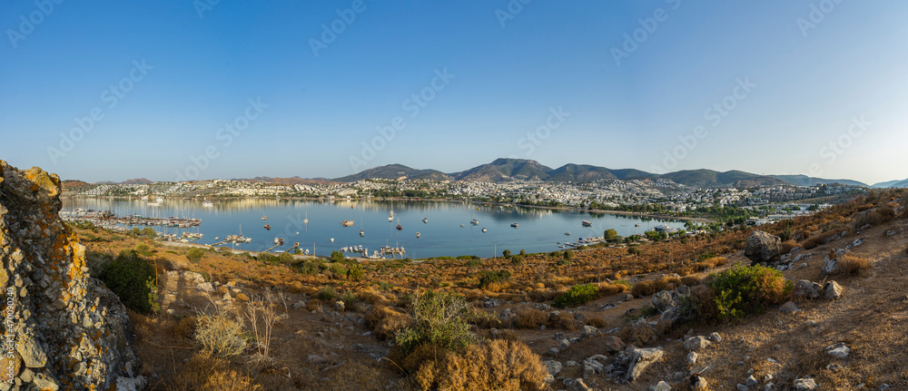Panorama at dawn on the bay of the city of Gumbet near Bodrum, Turkey.