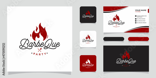 Logo barbecue with fire flame logo with business card design.