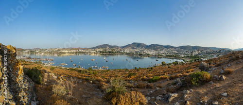 Panorama at dawn on the bay of the city of Gumbet near Bodrum, Turkey.