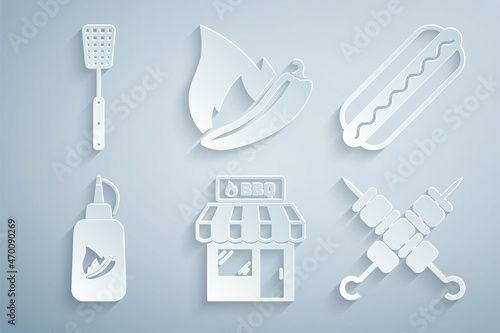 Set Barbecue shopping building, Hotdog sandwich, Ketchup bottle, Grilled shish kebab, chili pepper pod and spatula icon. Vector
