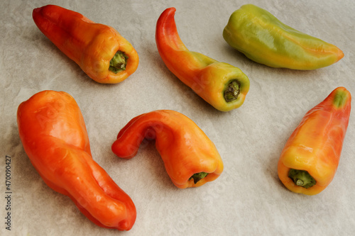 Fresh colorful Cubanelle chili peppers on a table. Home-grown mild chili pepper vegetables.