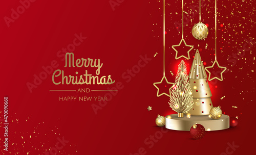 3D circle podium display with Christmas tree. Winter holiday background.