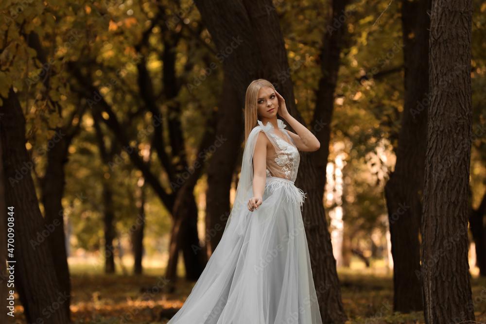 Beautiful girl wearing fairy dress in autumn forest Beautiful girl wearing fairy dress in autumn forest