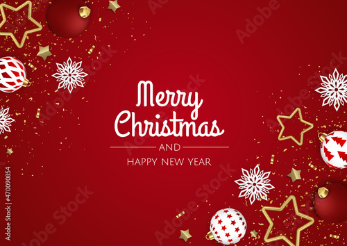 Merry Christmas and Happy New Year. Xmas Festive background with realistic 3d objects  white and gold balls.